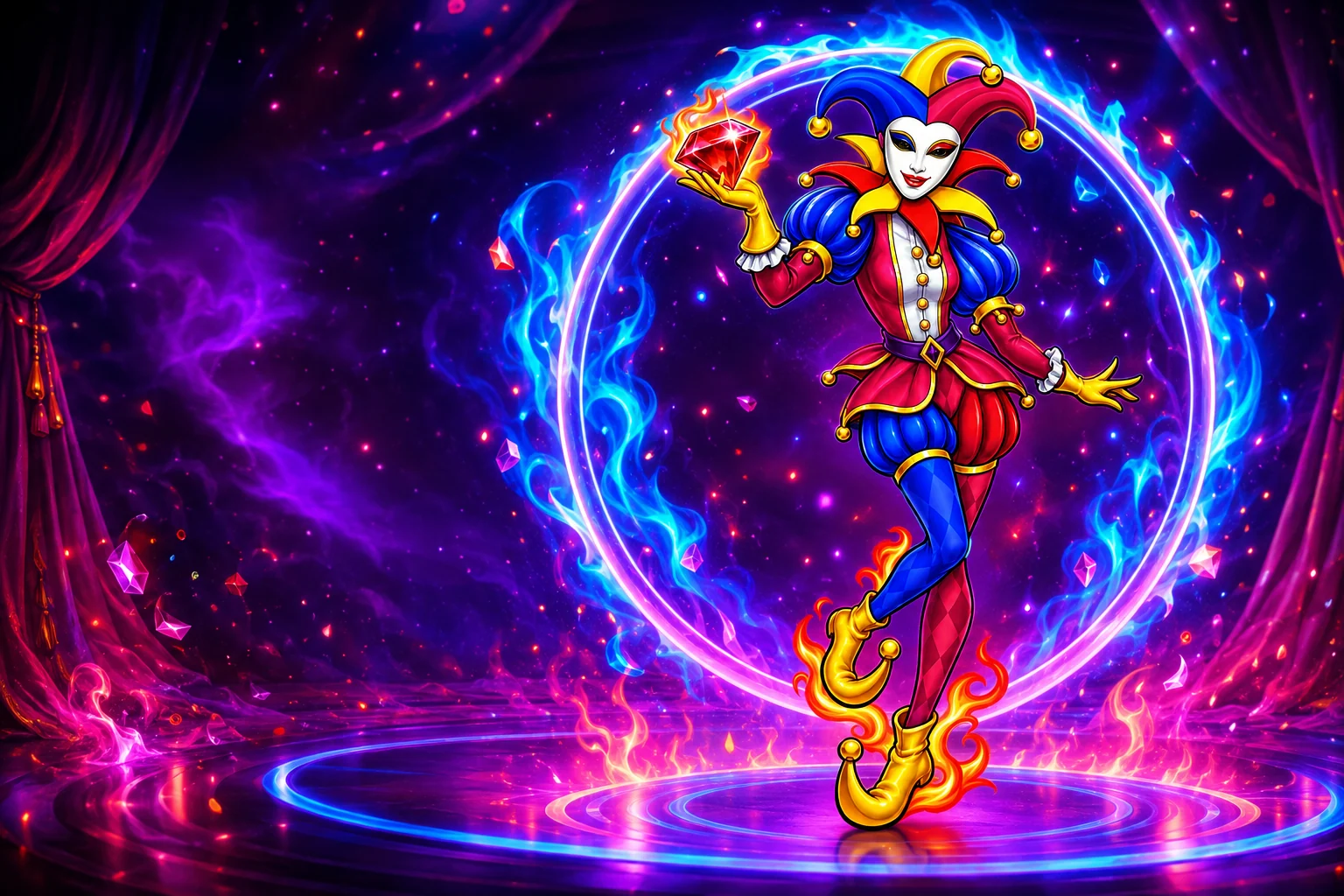 Escena ilustrada original del Joker y sus símbolos; no es una partida