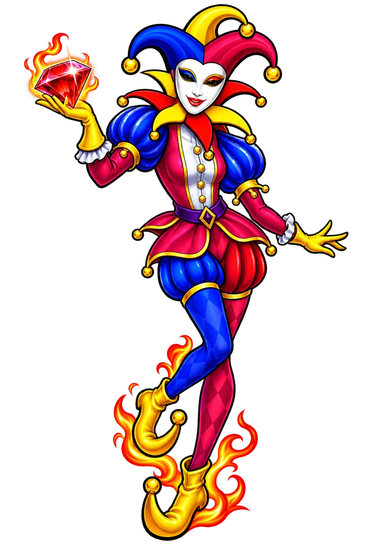 Ilustración original del Joker de máscara blanca, gorro azul, rojo y amarillo, con llamas gráficas
